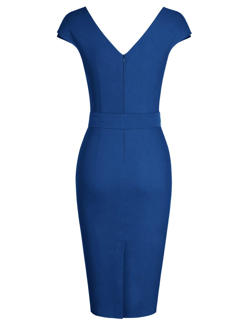 MUXXN Women's Gorgeous V Neck Midi Cap Sleeve Bodycon Sheath Party Pencil Dress with Belt Blue S - Image 4